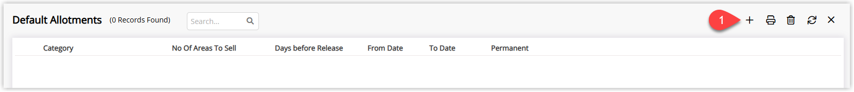 RMS Default Allotments setup screen listing existing allotments with the Add button selected to create a new default allotment rule.
