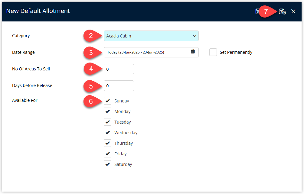RMS Default Allotment setup window showing a Category selected, a Date Range or Set Permanently ticked, Number of Areas to Sell entered, Days Before Release specified, applicable days of the week checked, and Save/Exit selected to store the default allotment.