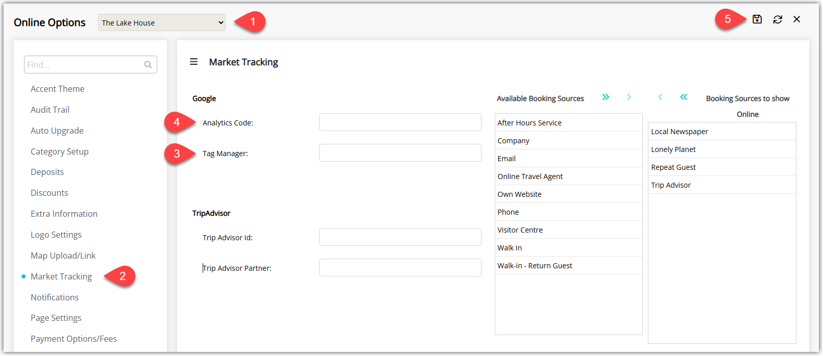 RMS Online Options screen with a property selected and the Market Tracking tab open, showing fields for Google Tag Manager Code and optional Google Analytics Code before selecting Save/Exit.