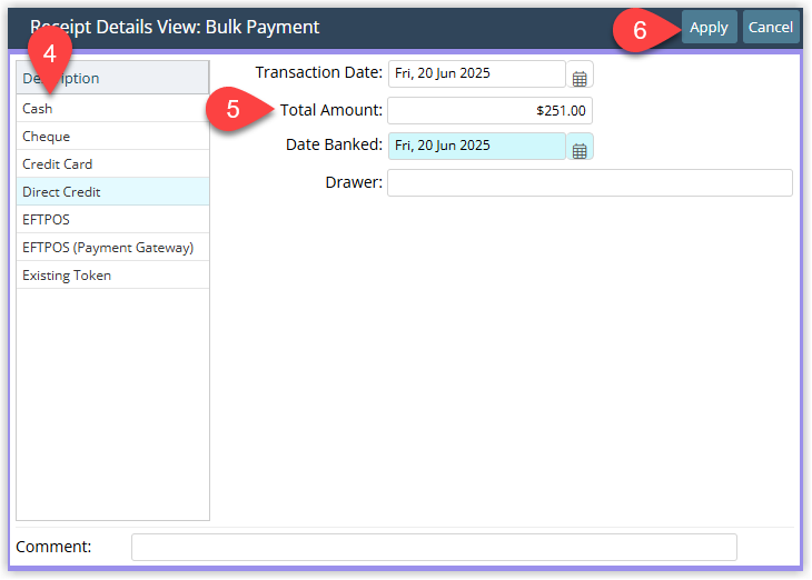Bulk Payment receipt window displaying Receipt Type dropdown, Total Amount field and an Apply button
