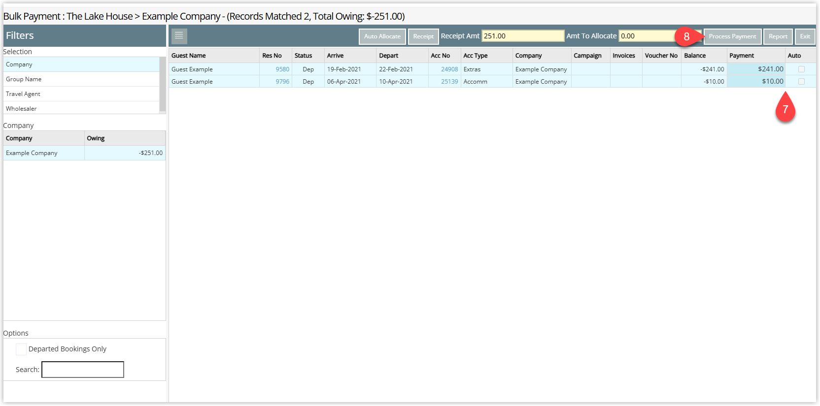 Bulk Payment allocation screen listing multiple reservation accounts with columns for payment amount, an Auto allocation option and a Process Payment button