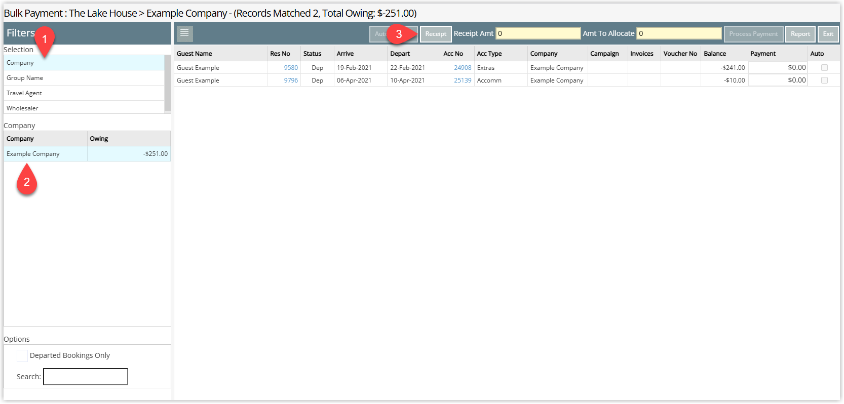Bulk Payment screen in RMS showing filters for Company, Group, Travel Agent or Wholesaler, a selected entity and a list of reservations with an option to select Receipt
