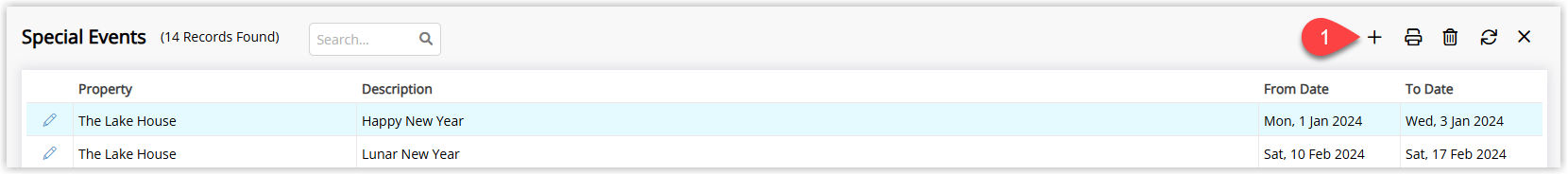 Screenshot of the Special Events lookup table in RMS showing a list of existing events with the Add button highlighted to create a new special event.