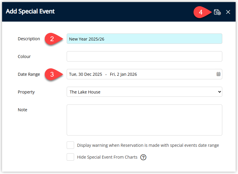 Screenshot of the Special Event setup screen in RMS showing fields for Description, Colour picker, Date Range, optional Property selection and Notes, plus checkboxes to display a warning when reservations are made in the event date range and to hide the event from charts, with the Save/Exit button highlighted.