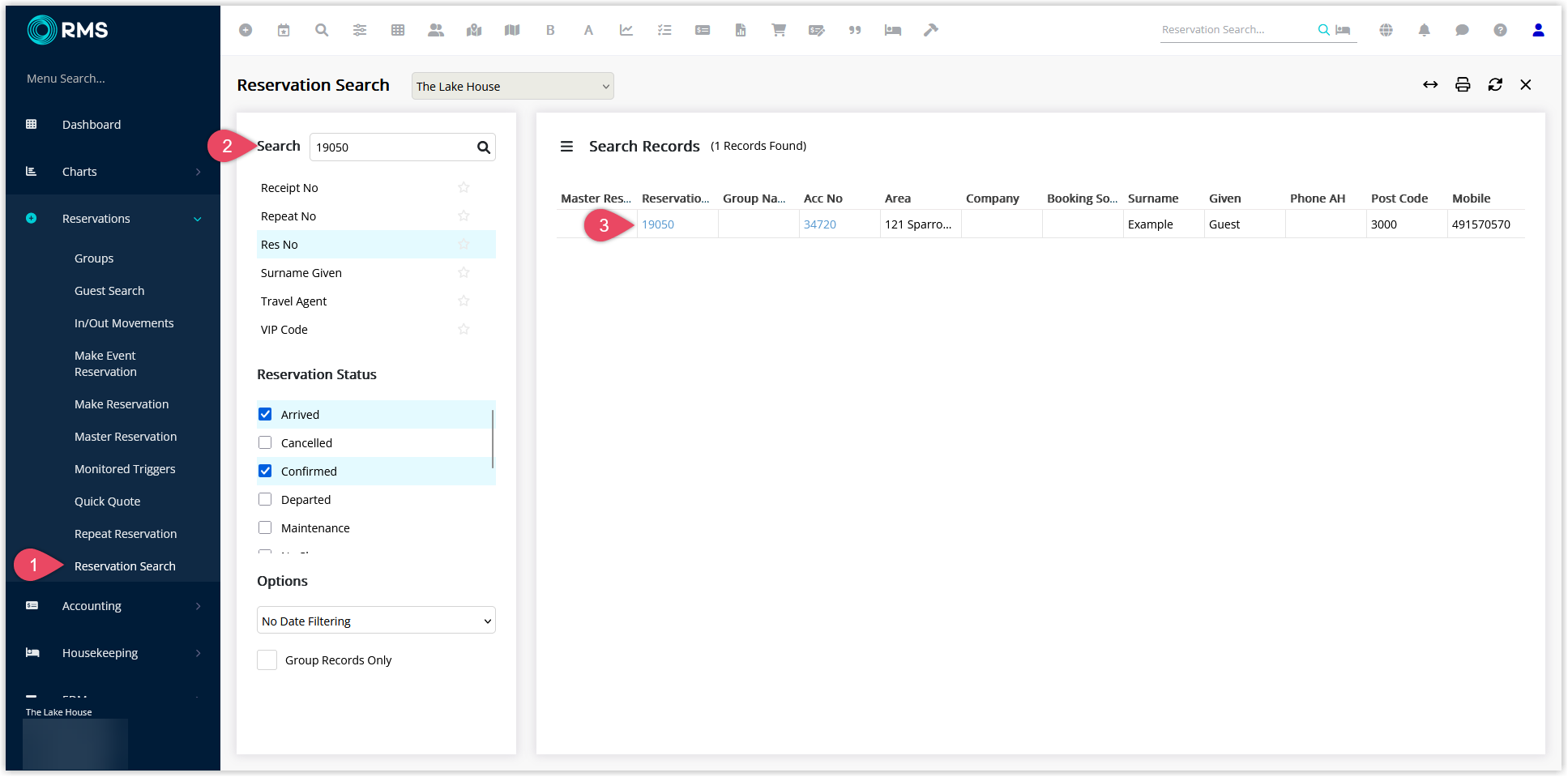 Reservation Search results with the target reservation highlighted.