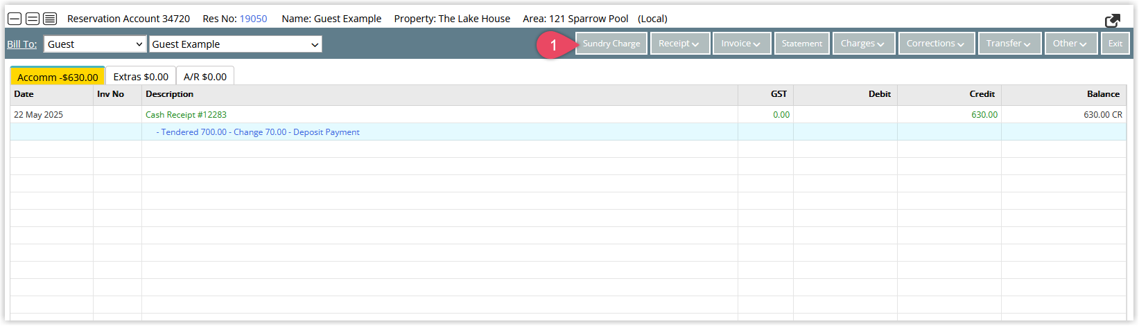 Reservation Account screen with the Sundry Charge button highlighted.