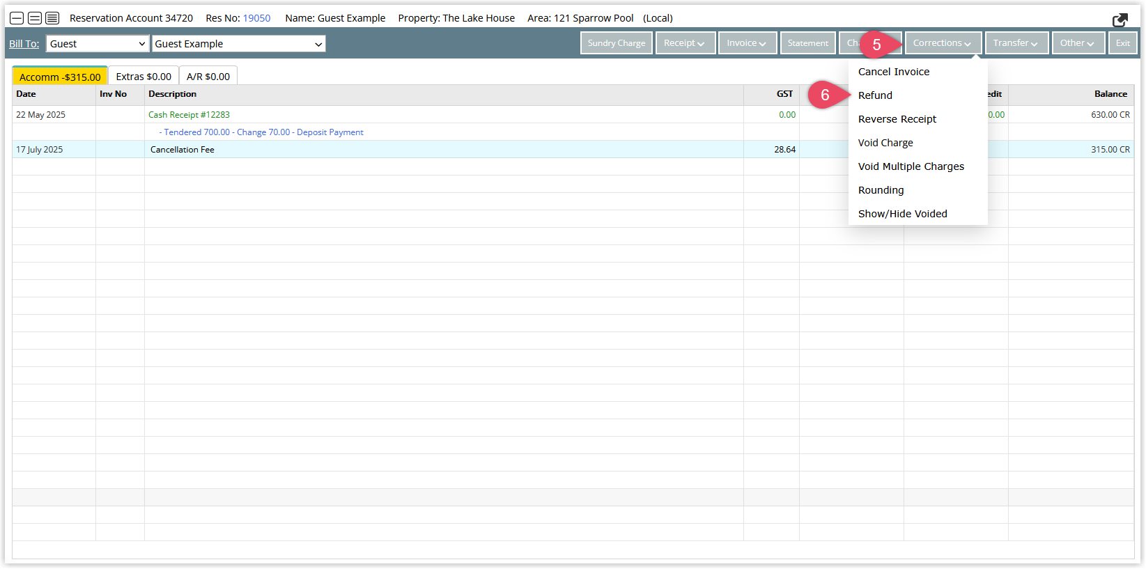 Reservation Account screen with the Corrections menu open and Refund option highlighted.