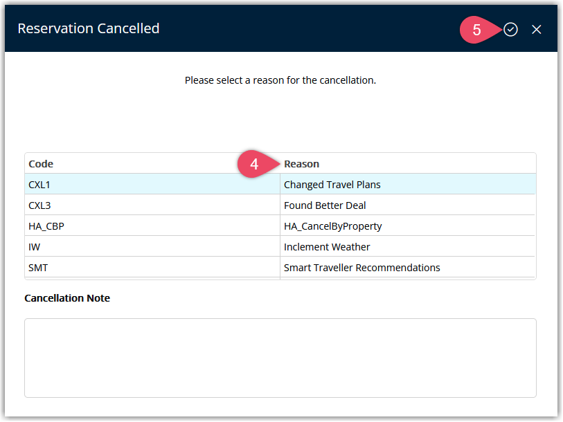 Cancel Reservation window with a cancellation reason selected and Apply button highlighted.