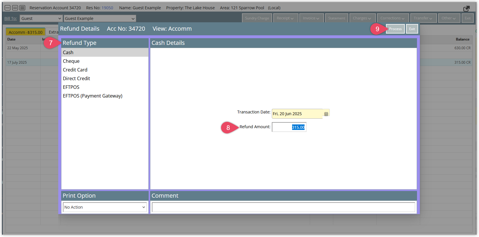 Refund window with refund method selected and Process button highlighted.