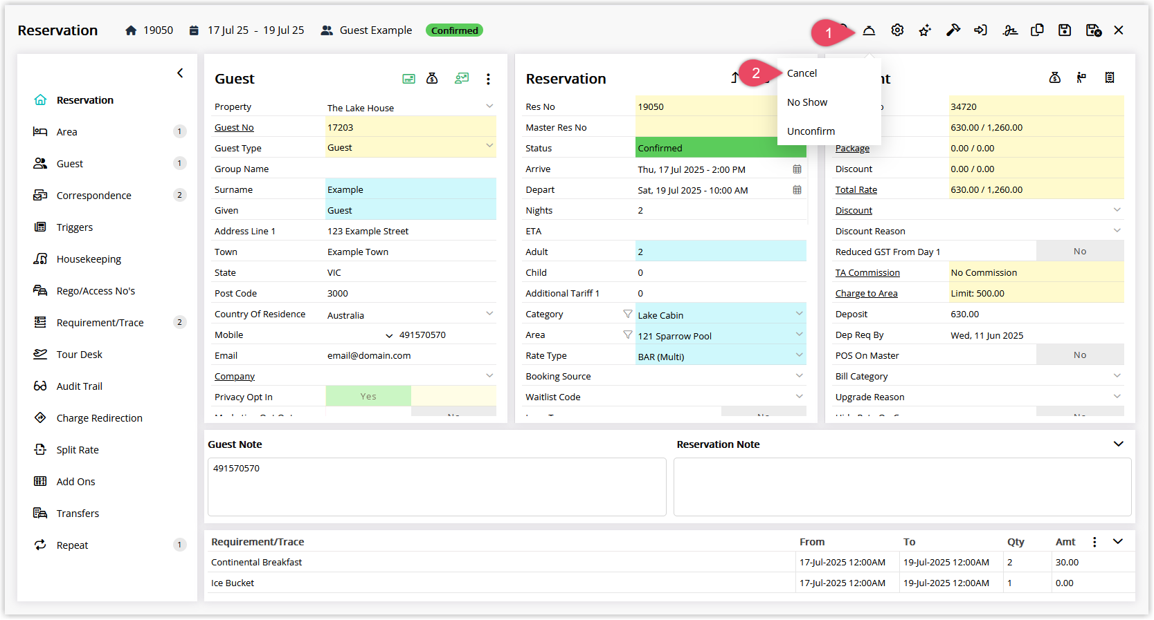 Reservation screen with the Change Status menu open and Cancel option highlighted.