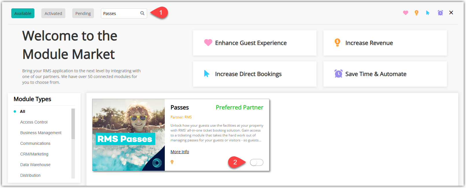 Screenshot of the RMS Module Market interface showing the Passes module tile with a toggle to activate or deactivate the module
