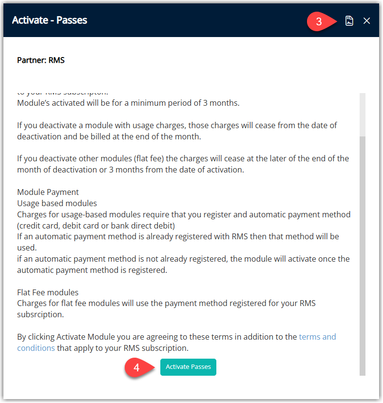 Screenshot of the Passes module Terms and Conditions screen in RMS showing fields to review and accept the terms required to activate the Passes module.