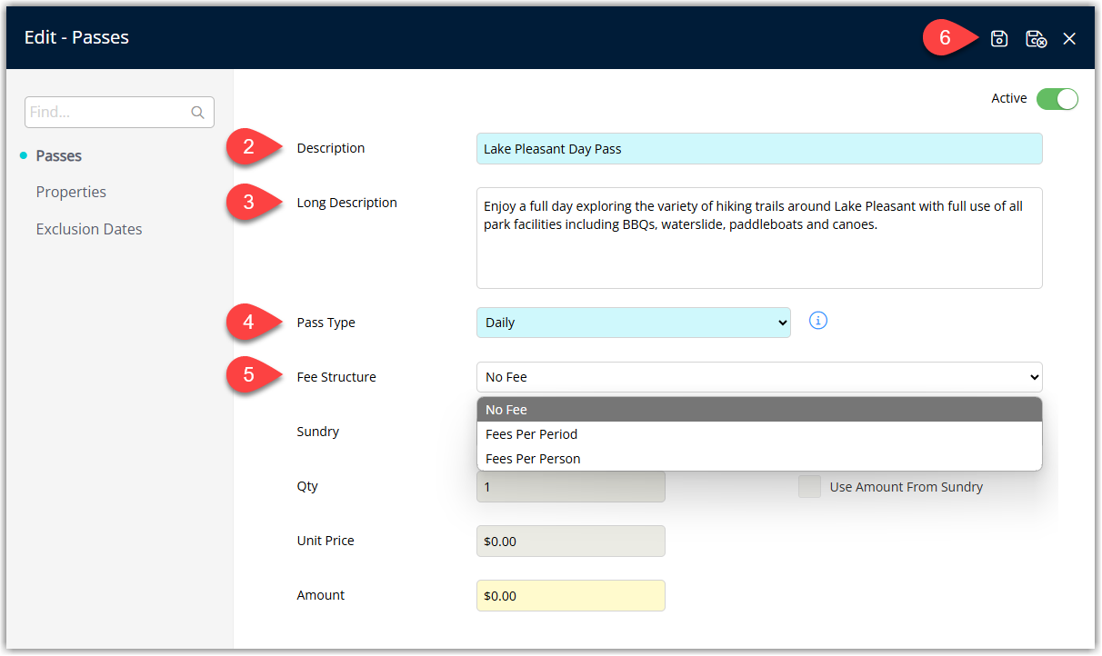 Screenshot of the Add Pass setup screen in RMS showing fields to enter the pass description, select the pass type and configure the fee structure.
