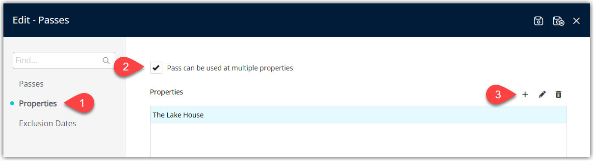Screenshot of the Pass Property Selection screen in RMS showing a list of properties with checkboxes for assigning the pass to one or more properties.