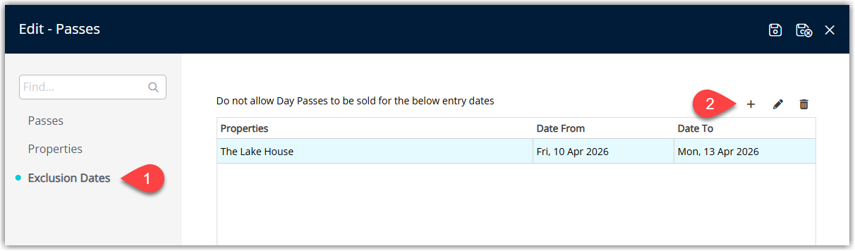 Screenshot of the Exclusion Dates configuration screen for a daily pass in RMS showing options to add dates when the pass cannot be used.