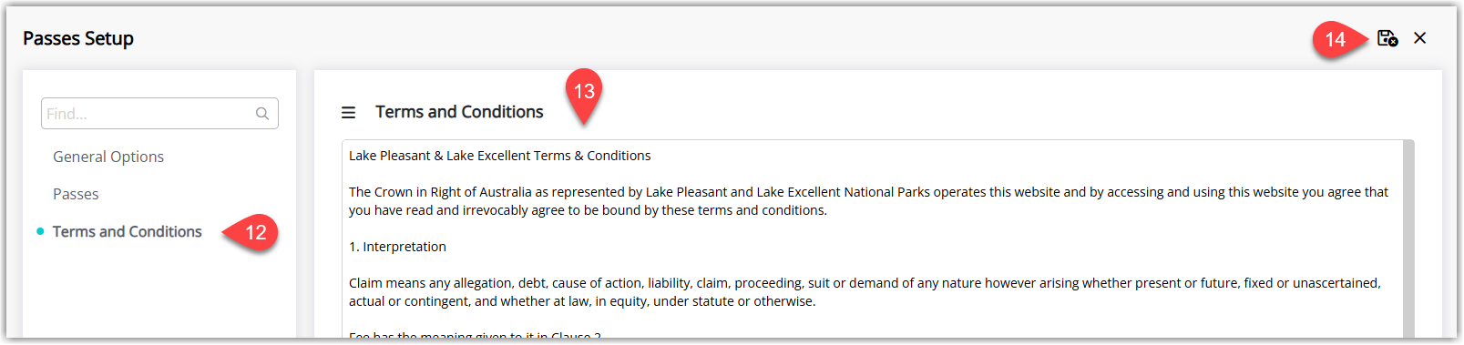 Screenshot of the Passes Portal Terms and Conditions configuration screen in RMS showing fields to enter and manage the T&Cs displayed to guests using passes.