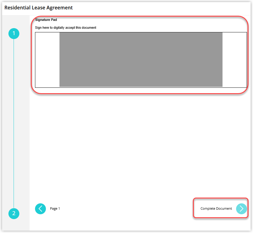 Lease agreement signing screen showing a signature pad area for the tenant to sign and a Complete Document button to submit the signed agreement