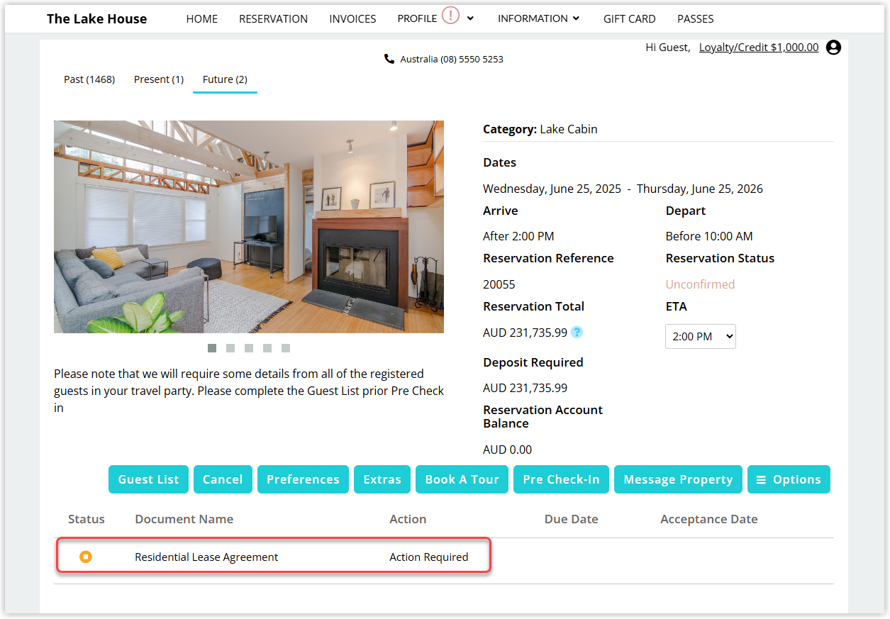 Guest Portal screen showing a list of lease agreement documents with the document name as a clickable link to open the agreement for review