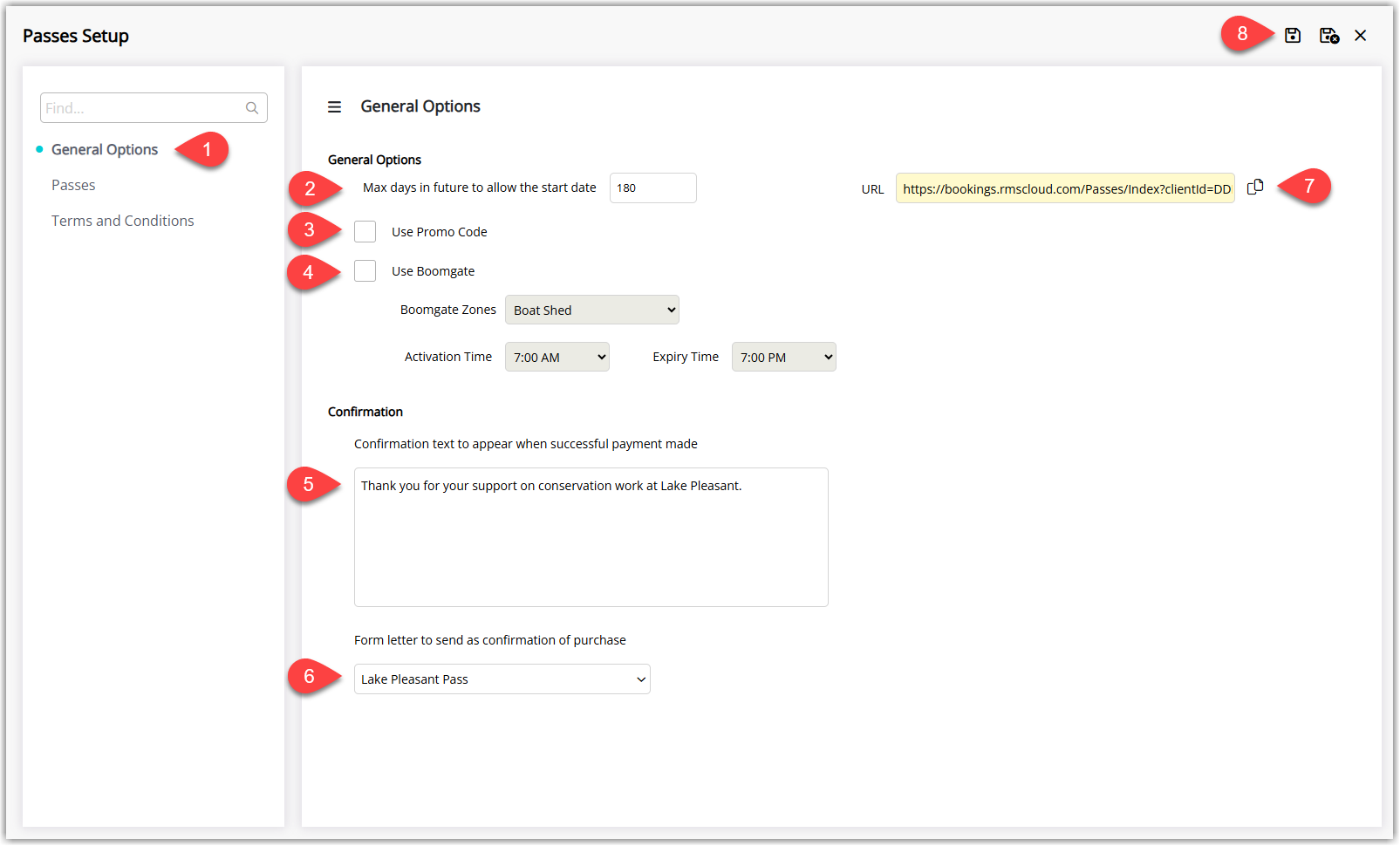 Annotated screenshot of the Passes Setup General Options screen in RMS highlighting the start date limit, Use Promo Code, Use Boomgate, confirmation text, form letter, portal URL and save icon