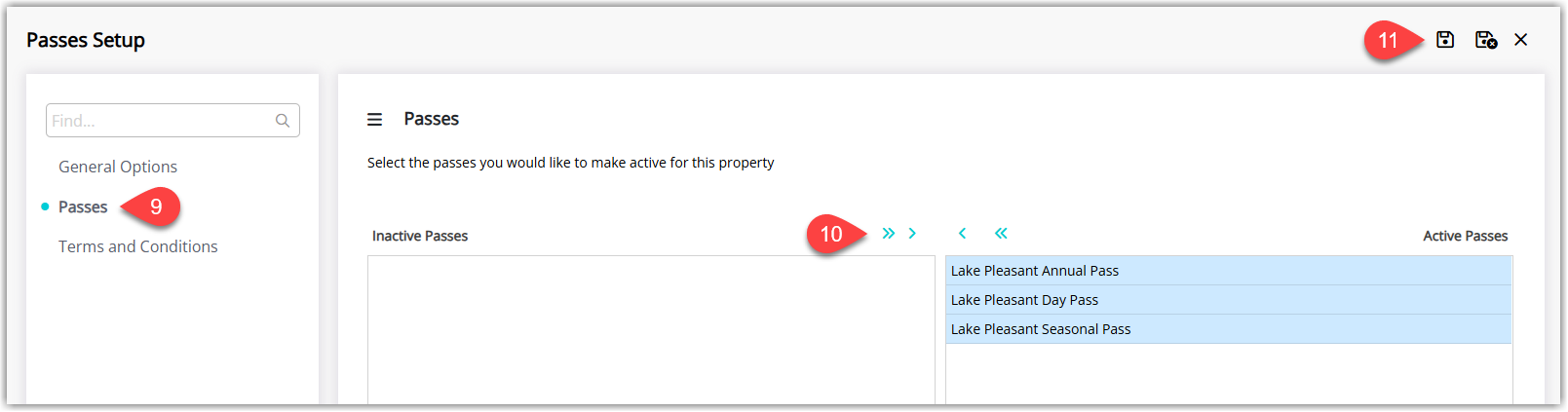 Annotated screenshot of the Passes Setup Passes tab in RMS highlighting the Passes menu, the move-to-active arrows and the save icon