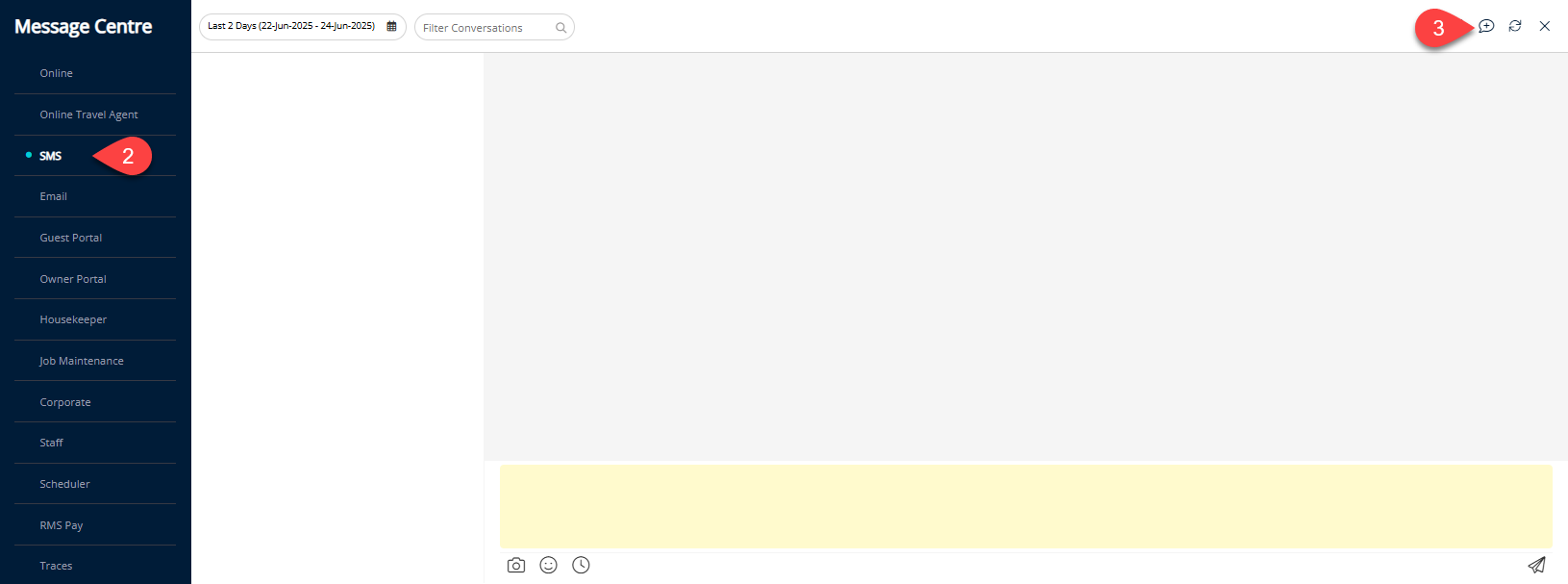Annotated screenshot of the Message Centre in RMS showing the SMS tab selected with a new conversation open and the compose area visible