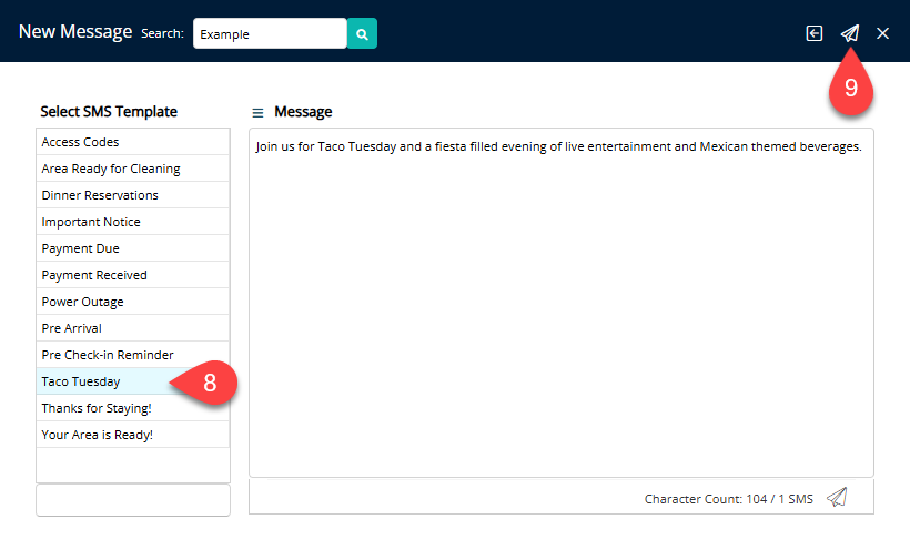 Annotated screenshot of the New Message screen in RMS showing the SMS template list with a template selected and the message preview displayed, with the send button highlighted