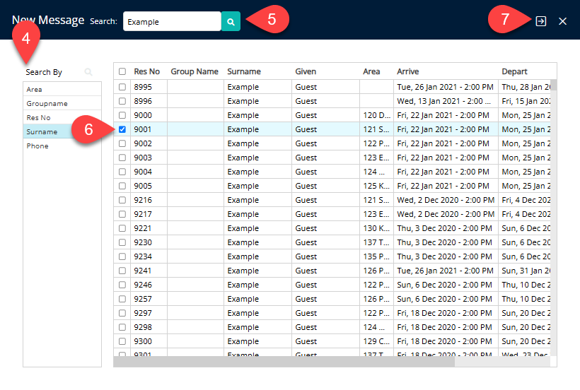 Annotated screenshot of the New Message screen in RMS showing guest search results by Surname with a reservation selected and the send button highlighted