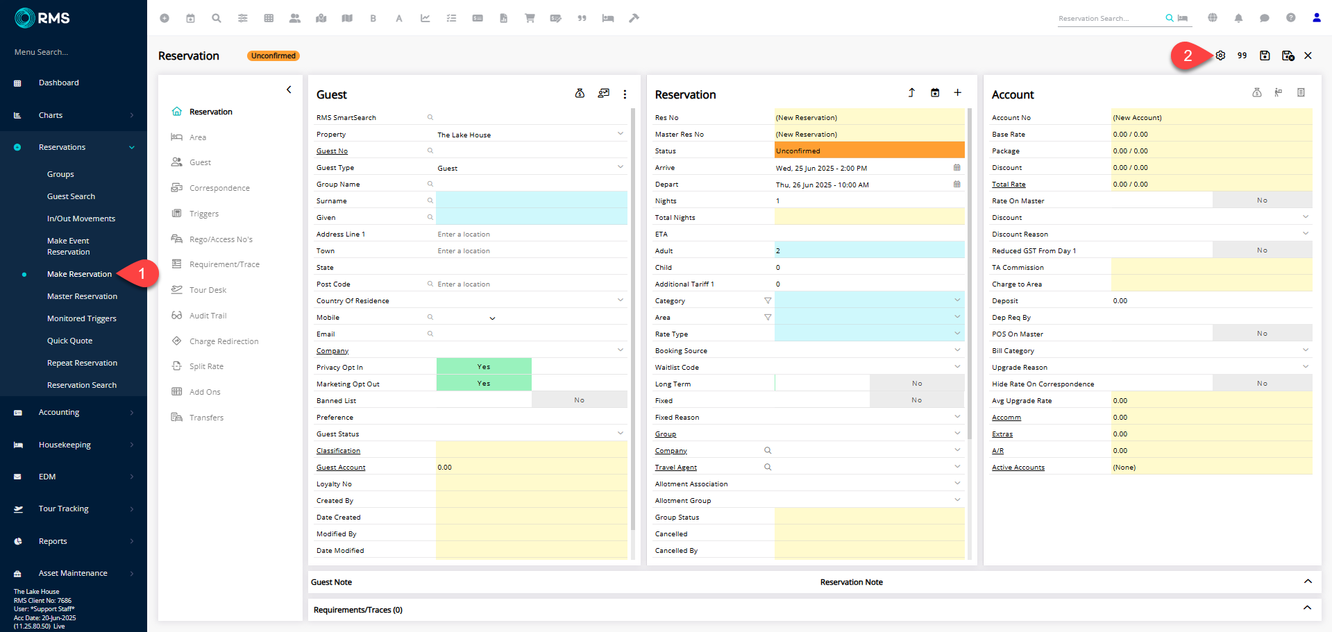 Make Reservation screen in RMS showing booking details with the Options icon highlighted, which opens display settings for the Reservation Screen.
