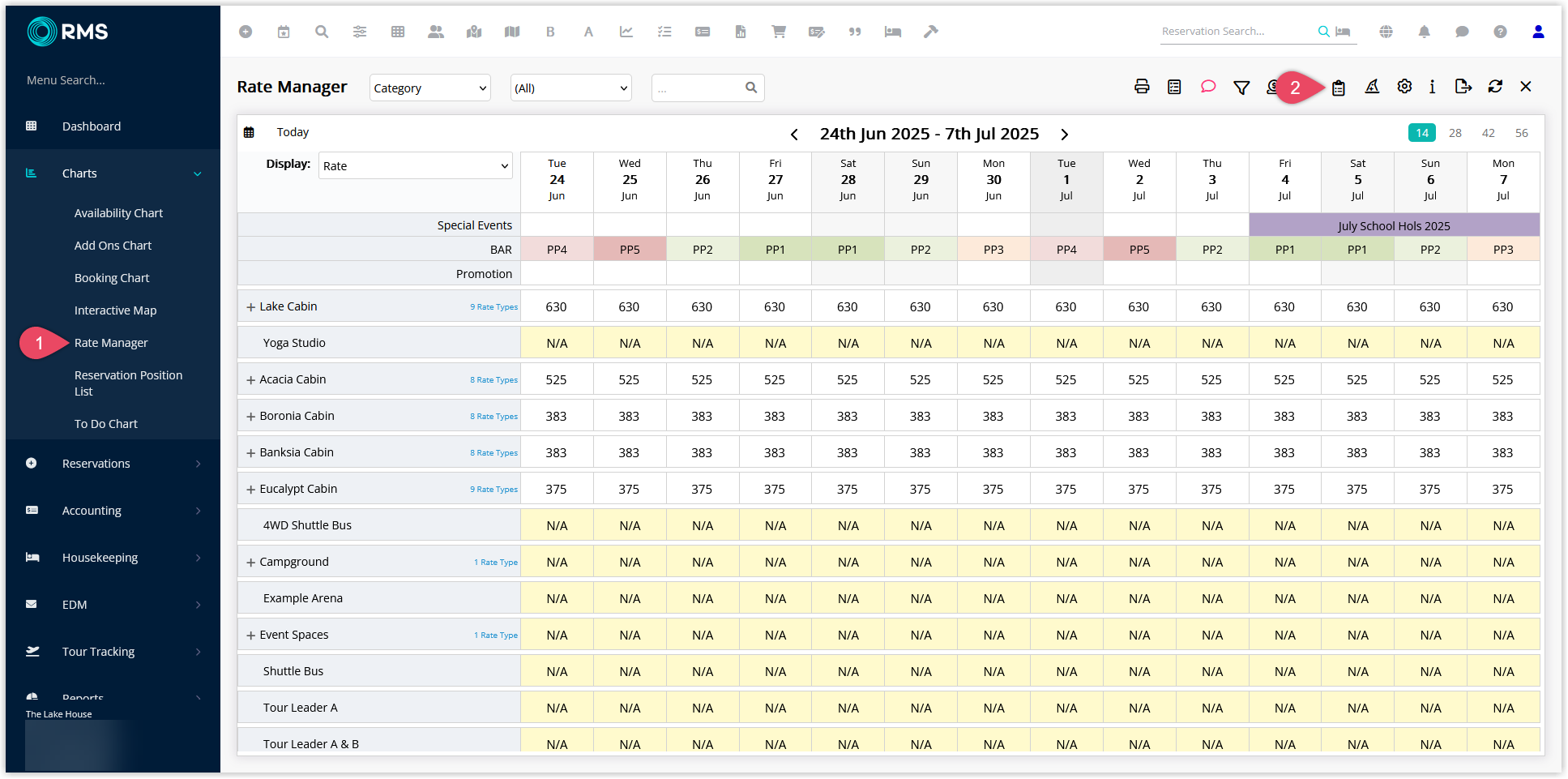 Control Panel window open in Rate Manager showing existing restrictions and an Add button to create a new restriction record