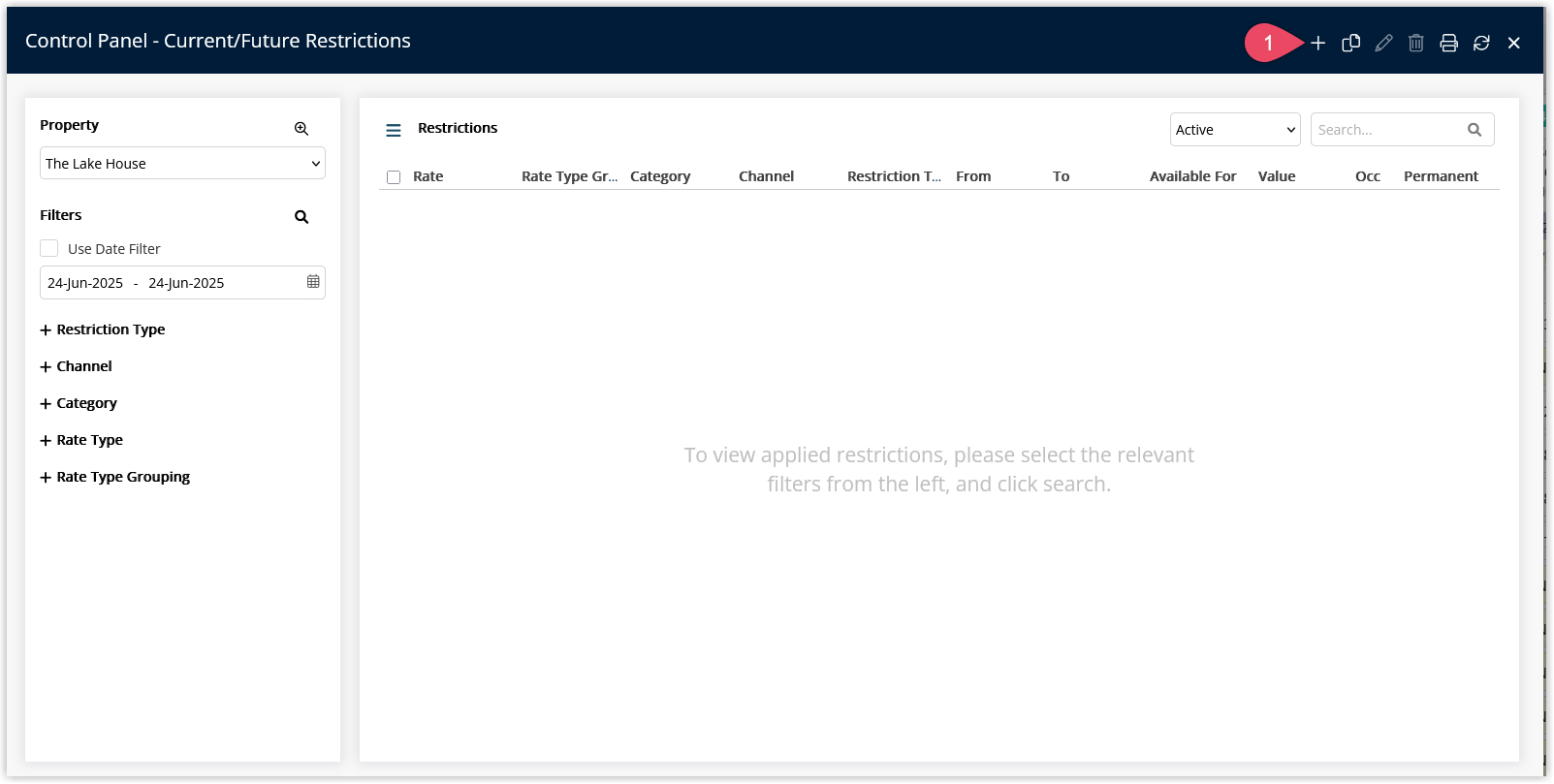 Restriction setup screen in the Control Panel with the Restriction Type dropdown expanded and Clear Restriction Type selected