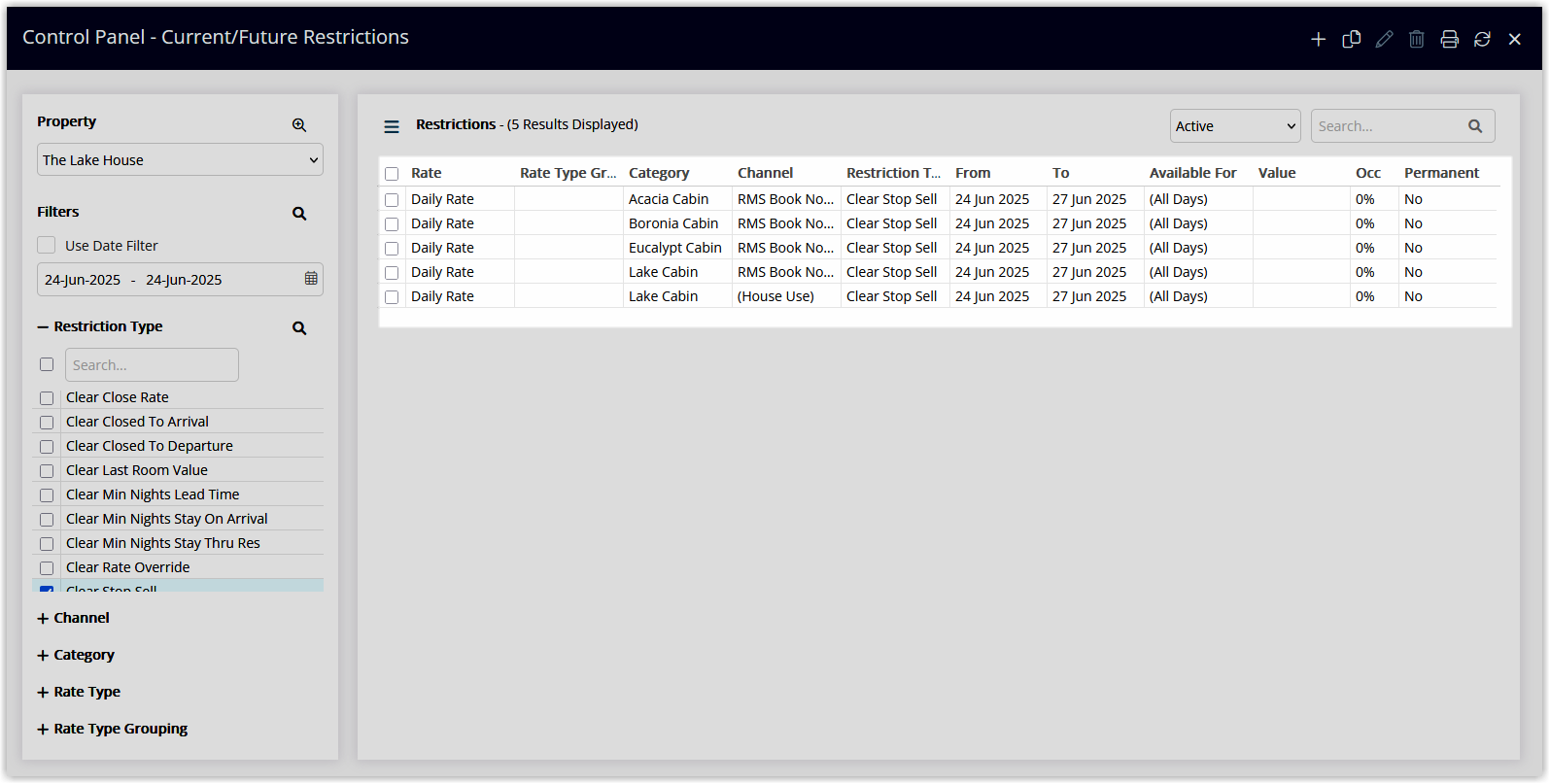 Control Panel list view in Rate Manager showing multiple restriction records for the same date and restriction type with the most recent Clear Restriction entry indicated as the active one