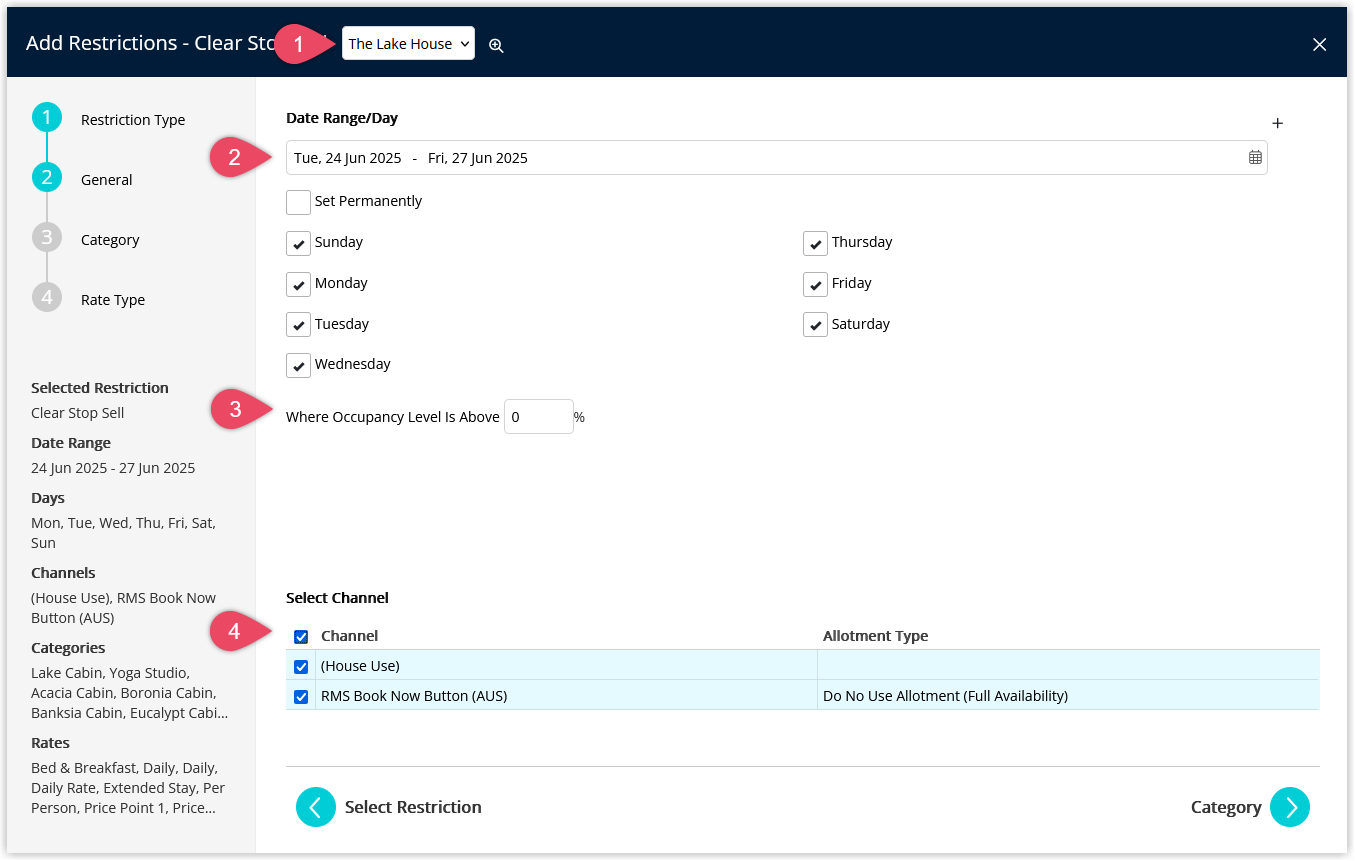 Clear Restriction Type configuration screen displaying fields for Date Range, a Set Permanently checkbox, Days of the Week checkboxes, an Occupancy Benchmark field, a button to add Multiple Date Ranges and checkboxes for connected channels