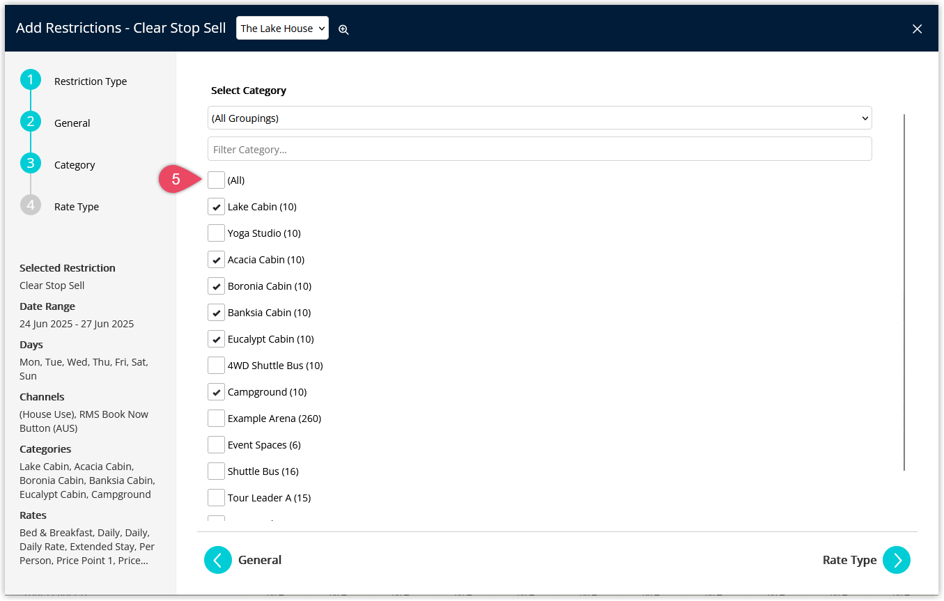 Clear Restriction Type setup step showing a list of Categories with checkboxes to select which categories the clear restriction will apply to
