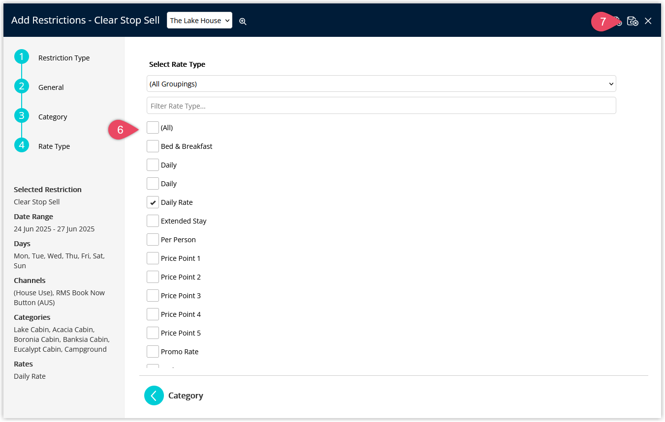 Clear Restriction Type setup screen displaying a list of Rate Types with checkboxes and a Save/Exit button to apply the configuration