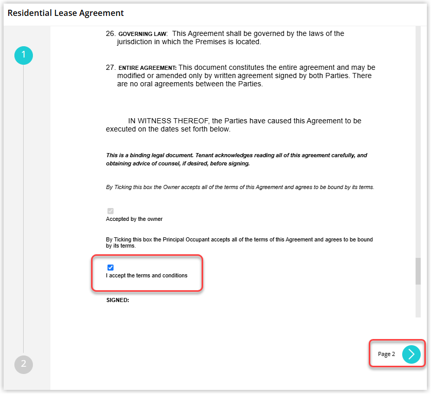 Lease agreement page in the Guest Portal displaying the agreement text, an Accept the Terms and Conditions checkbox, mandatory fields and a Page 2 or Next button