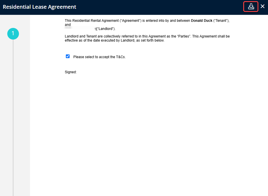 Guest Portal view of a completed lease agreement with an option or button to download the document as a file for the tenant’s records