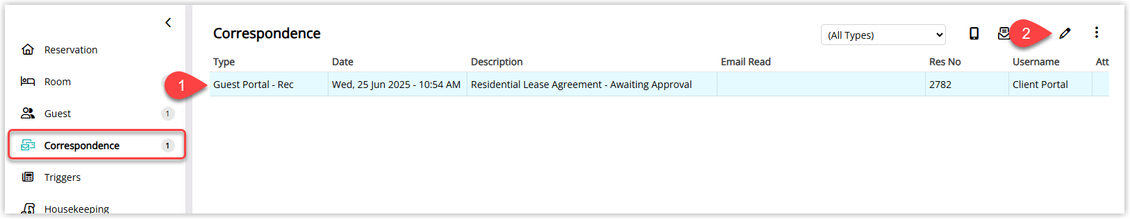 Reservation screen in RMS on the Correspondence tab showing the sent lease agreement listed with a link or icon to open the document