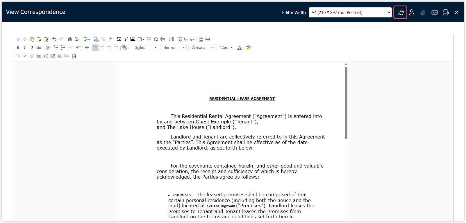 Lease agreement view in RMS with an approval icon highlighted in the top right corner used to mark the document as approved