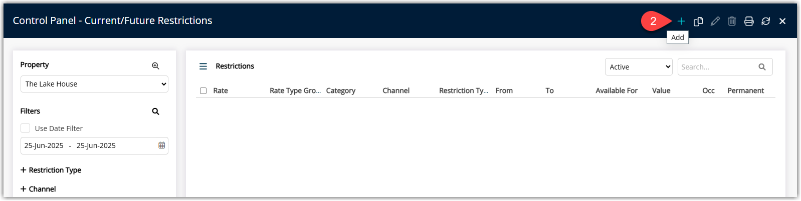 Screenshot of the Rate Manager Control Panel window in RMS showing an empty restriction list with the Add button highlighted to create a new Last Area Value restriction.