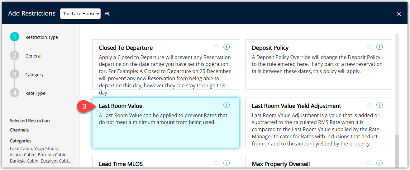 Screenshot of the new restriction setup screen in RMS showing the Restriction Type dropdown with Last Area/Room Value selected.