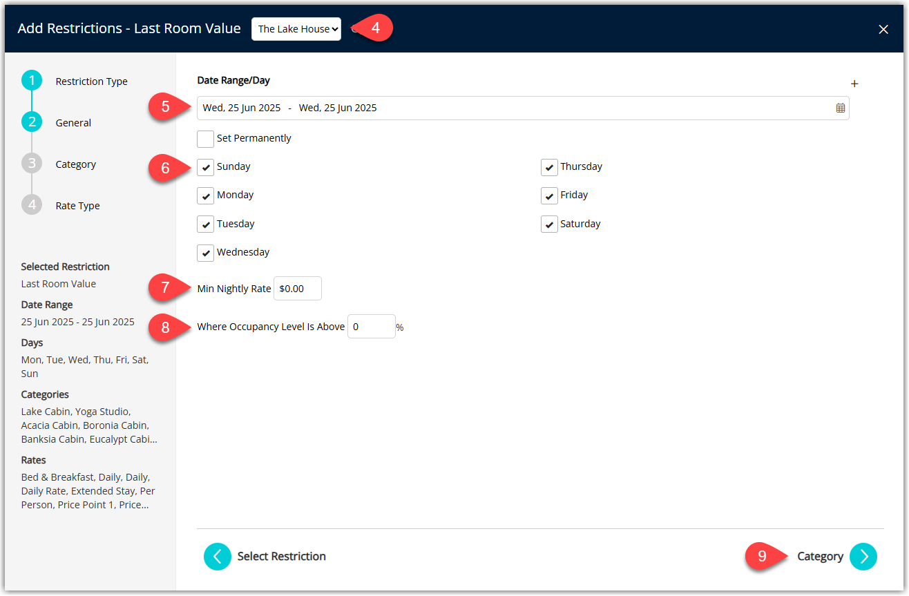 Screenshot of the Last Area Value restriction setup screen in RMS showing fields for Property, Date Range or Set Permanently, Days of the Week checkboxes, Minimum Nightly Rate, optional Occupancy benchmark and a Next button to continue.