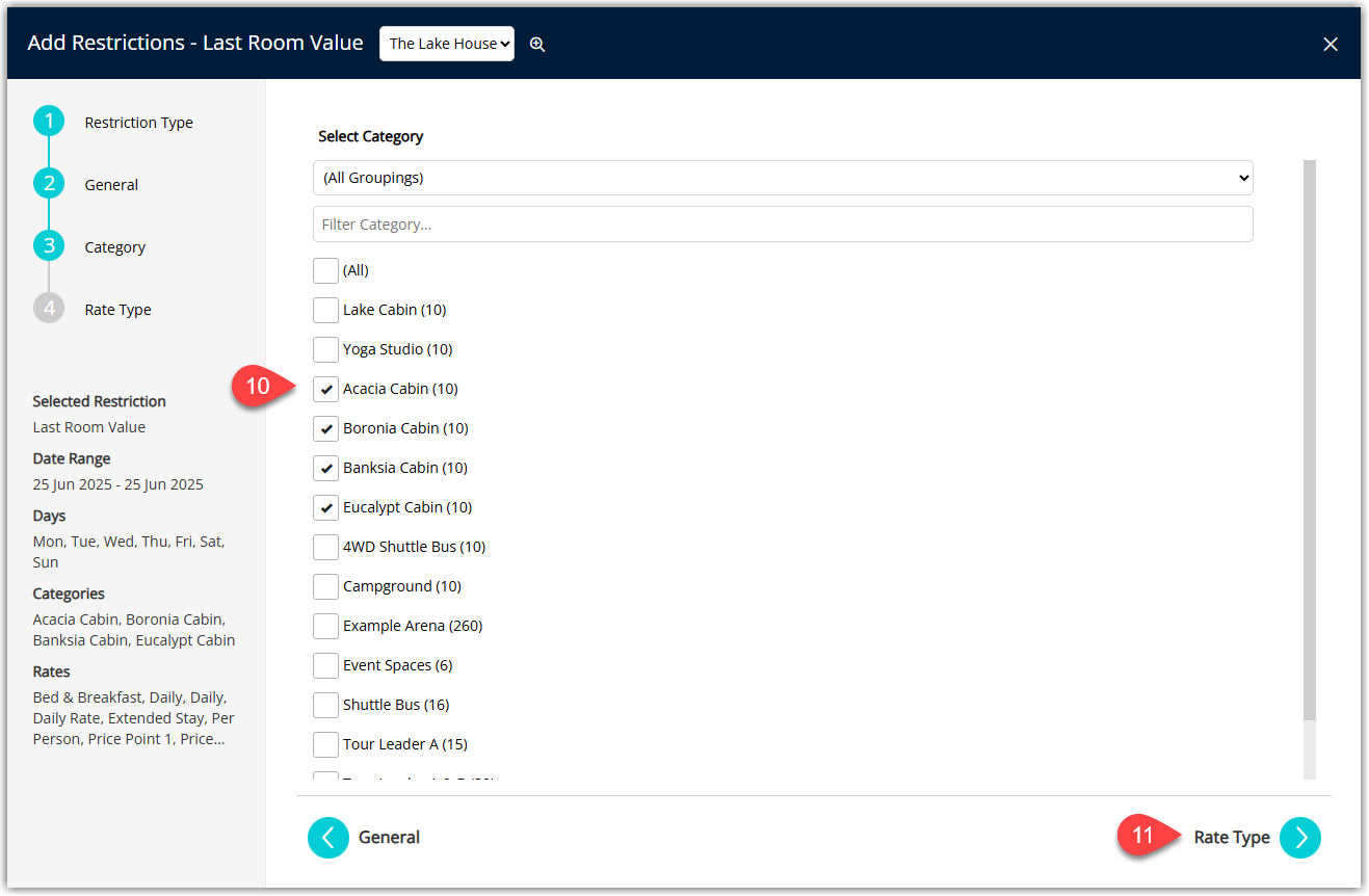 Screenshot of Step 3 in the Last Area Value setup wizard showing a list of Categories or Room Types with checkboxes to select which ones the restriction will apply to.