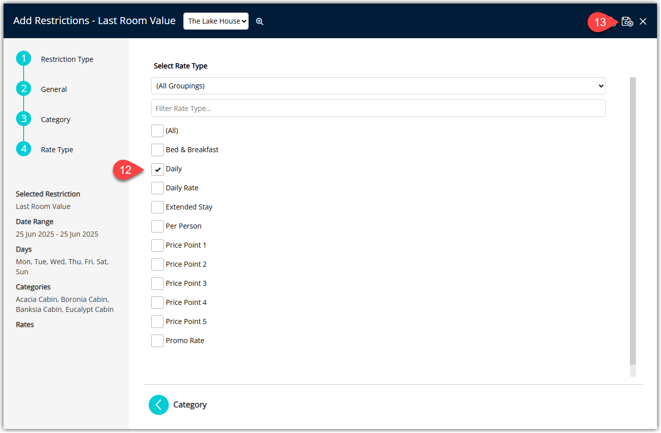 Screenshot of Step 4 in the Last Area Value setup wizard showing Rate Types with checkboxes to select applicable Rate Types and a Save/Exit button to save the restriction.