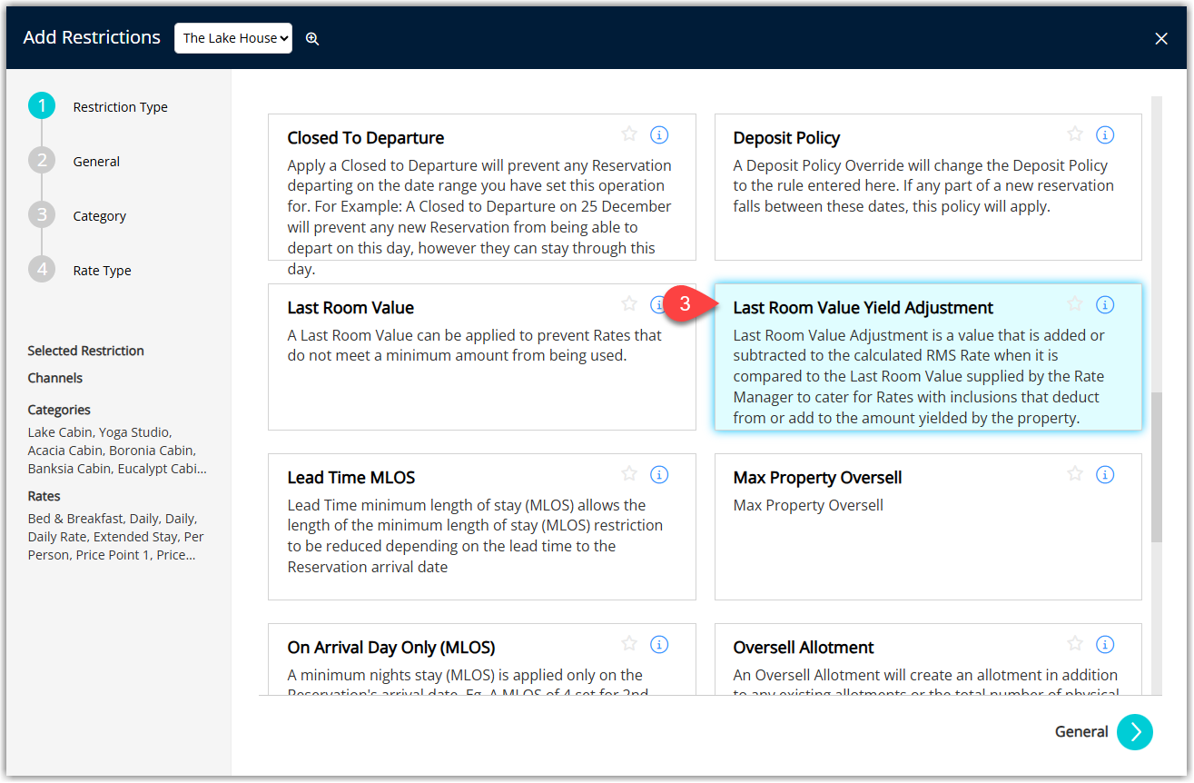 RMS Control Panel restriction setup screen showing the Restriction Type dropdown with Last Area/Room Value Yield Adjustment selected.