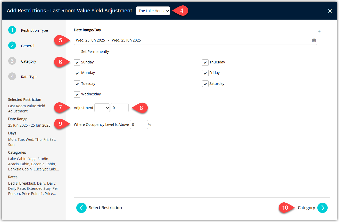 RMS Last Area/Room Value Yield Adjustment setup screen showing the Restriction Type selected, optional Property, Date Range fields with Set Permanently checkbox, Days of Week selection, Adjustment Type and Adjustment Amount fields, and an optional Occupancy Benchmark before moving to Category/Room Type selection.