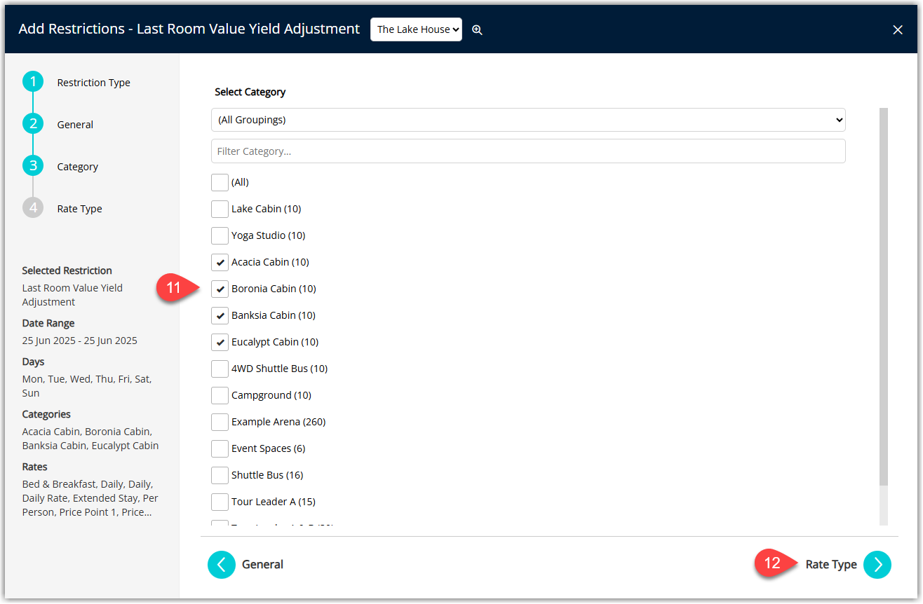 RMS Last Area/Room Value Yield Adjustment wizard Step 3 displaying a list of Categories or Room Types with selected items that the yield adjustment will apply to before proceeding to Rate Type selection.
