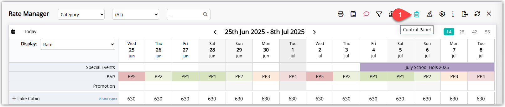 RMS Rate Manager screen showing the Control Panel icon highlighted to open restriction and yield management options.