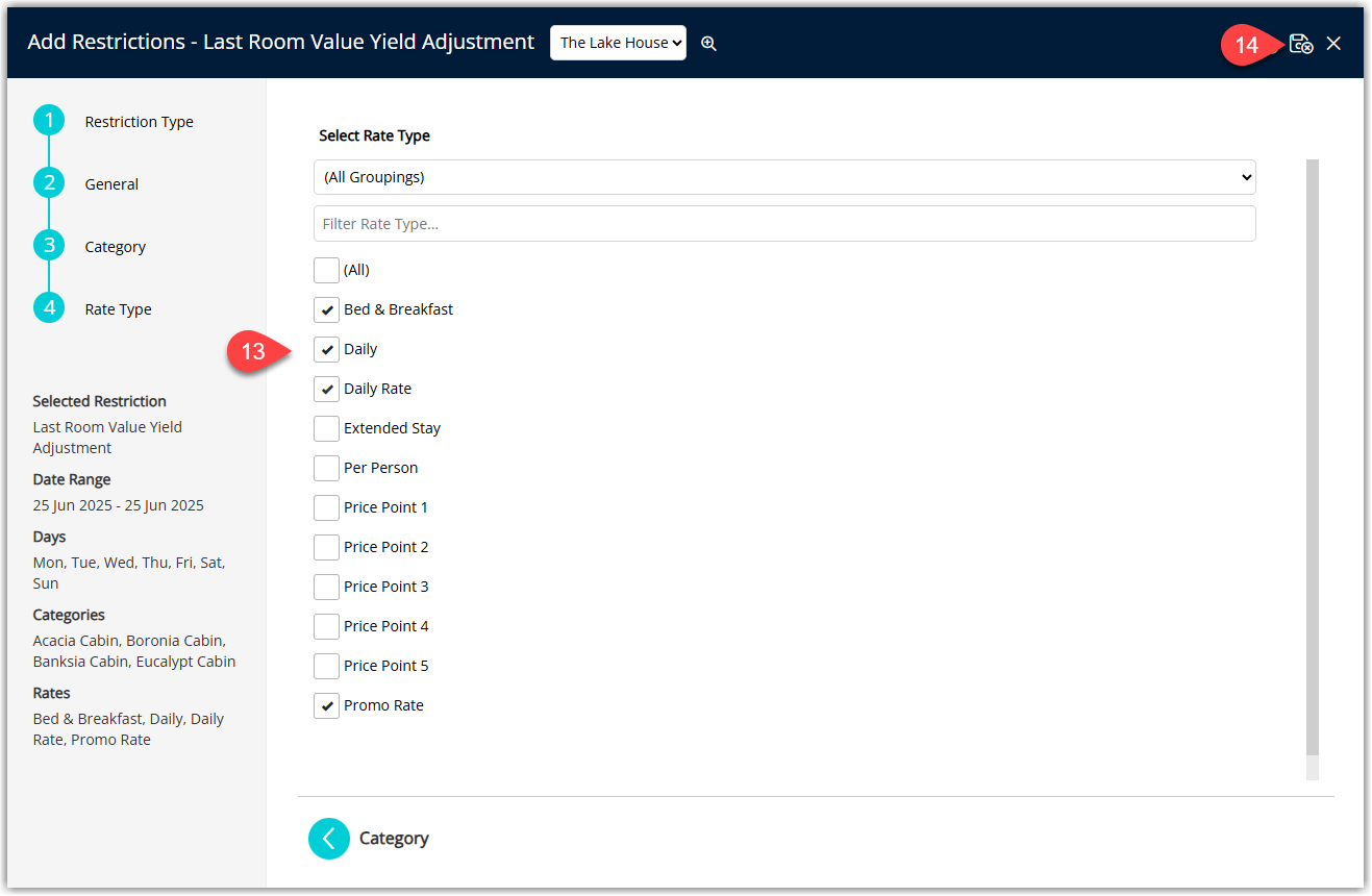 RMS Last Area/Room Value Yield Adjustment wizard Step 4 showing a list of Rate Types with one or more selected and the Save/Exit button chosen to apply the yield adjustment to the selected rate types.
