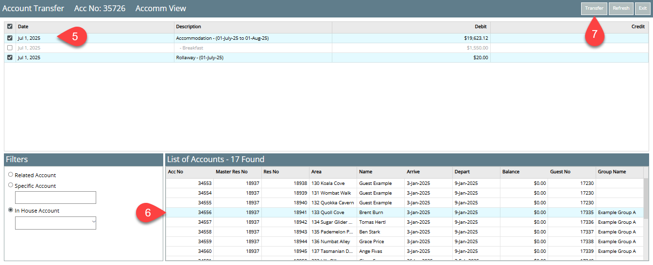 `Screenshot of the destination account in RMS after the transfer, showing the incoming transferred charges posted to the account.``