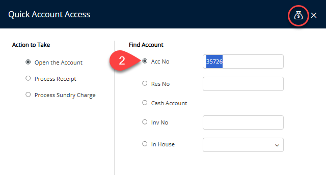 Screenshot of the Charge Transfer window in RMS showing fields to select the destination account and choose which charges to transfer.